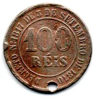 1871 - 100 Réis - Moeda Brasil Império - UTG - C/ Furo - Foto 2