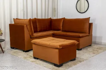 Sofá Canto 5 lugares com Puff Viena Veludo Terracota A33