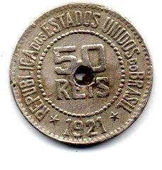 1921 - 50 Réis - Moeda Brasil - C/ Furo
