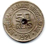 1921 - 50 Réis - Moeda Brasil - C/ Furo