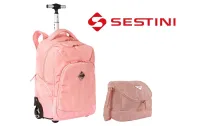 Kit Mochila Carrinho e lancheira térmica 2 Compartimentos Sestini Rolling Grande - Metálico Rosa