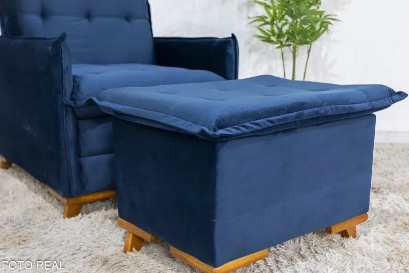 Poltrona Reclinável com Puff Rubi Veludo Azul 03 Imagem