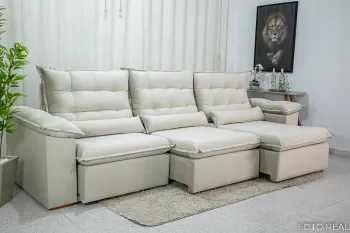 Sofá Retrátil Reclinável 3.20m Emanuelly Veludo Bege 01 - D28 Soft - Foto 2