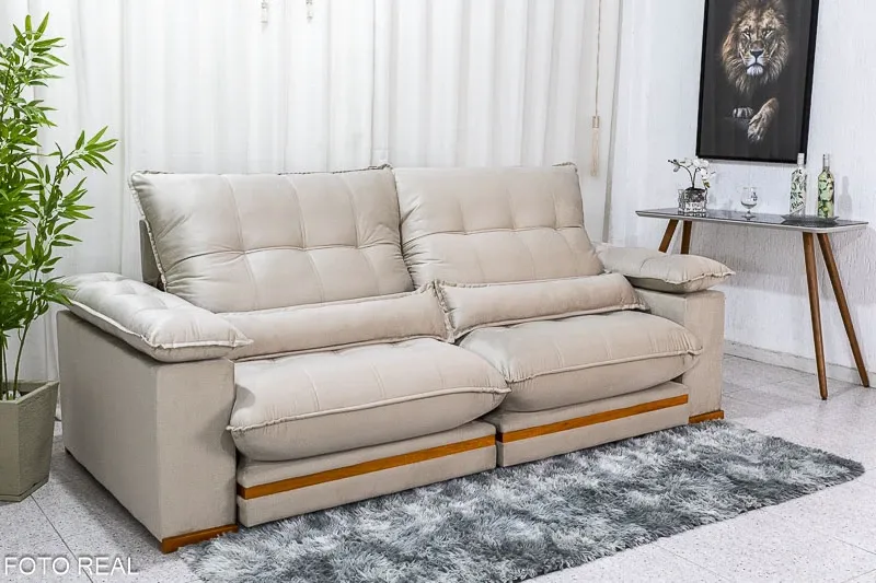Sofá Retrátil Reclinável 2.50m Ibis Veludo Bege 818 - D33 e Molas Ensacadas Imagem