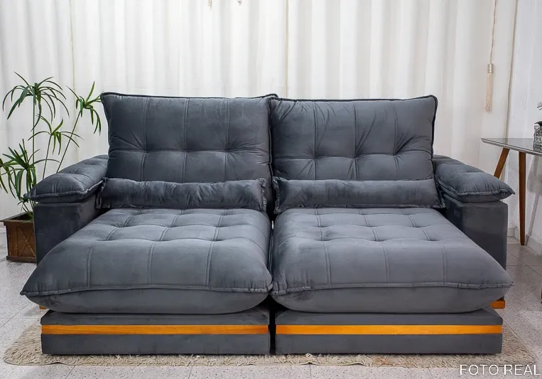 Sofá Retrátil Reclinável 2.50m Ibis Veludo Cinza 814 - D33 e Molas Ensacadas Imagem