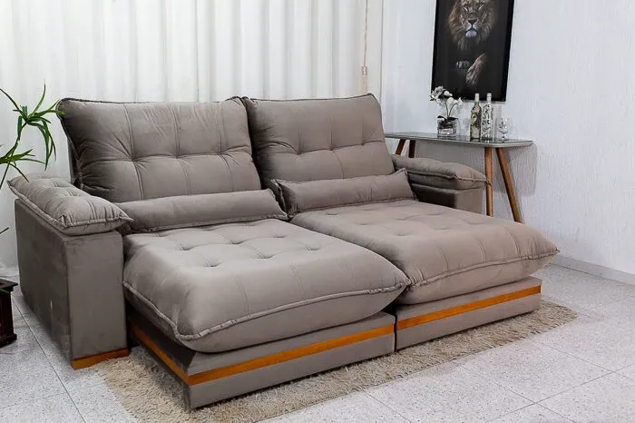 Sofá Retrátil Reclinável Ibis 2.50m Veludo Cinza 813 - D33 e Molas Ensacadas Imagem