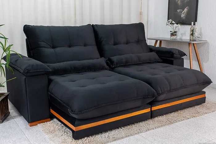 Sofá Retrátil Reclinável Ibis 2.50m Veludo Preto 820 - D33 e Molas Ensacadas Imagem