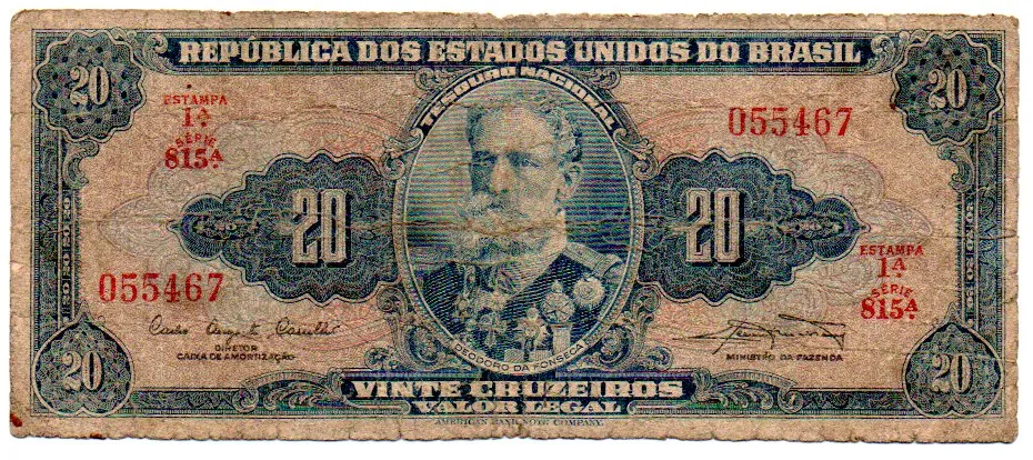 C022 - 20 Cruzeiros - 1° Estampa - Série 815 - Deodoro da Fonseca - Data: 1961 - Estado de Conservação: Regular (R)