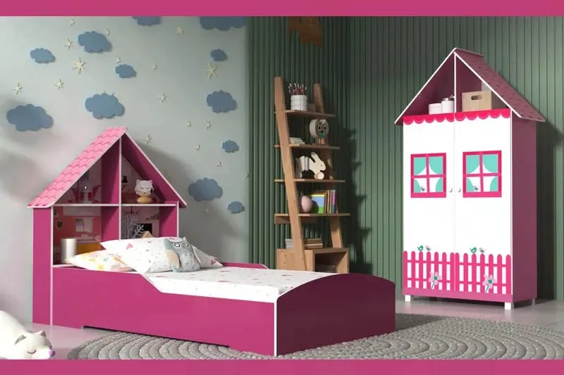 Roupeiro Casinha 2 portas + Cama Casinha 0.90m Pink/Branco Gelius Imagem