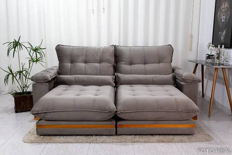 Sofá Retrátil Reclinável Ibis 2.30m Veludo Cinza 813 D33 e Molas Ensacadas Imagem