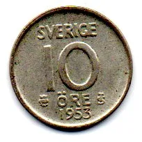 Suécia - 1953 - 10 Ore - Prata .400 - Aprox. 1,44g - 15mm