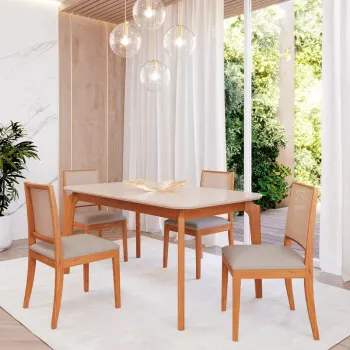 Conjunto de Jantar 130 x 80cm Ficus 4 Cadeiras Buriti Linho