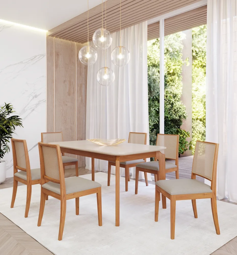 Conjunto de Jantar 130 x 80cm Ficus 6 Cadeiras Buriti Linho Cinza