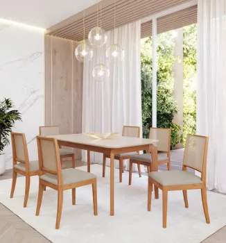 Conjunto de Jantar 130 x 80cm Ficus 6 Cadeiras Buriti Linho Cinza