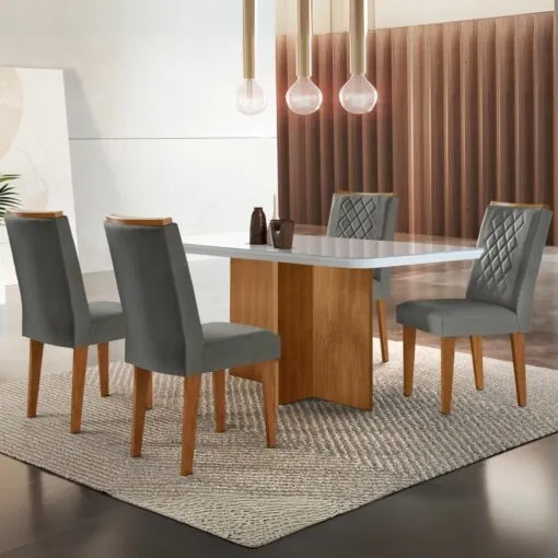 Mesa Berlim 120 Canto Copo Imbuia/Off White com 4 Cadeiras Jade Linho Grafite – RUFATO Imagem