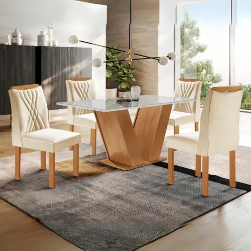 Mesa Classic 120 Cinamomo/Off White 4 Cadeiras Lisboa Veludo Bege – CEL MÓVEIS