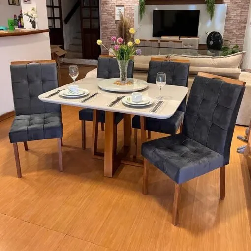 Mesa Pedro 120 Mel/Off White com Cadeiras Sophia/Capri Mel/Veludo Grafite – ART ASSENTOS + WM DECOR