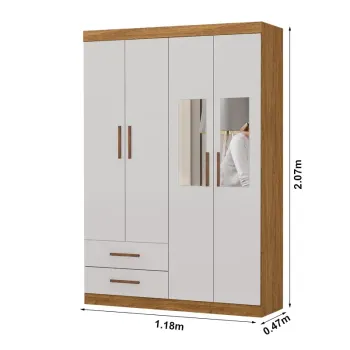 Roupeiro Hércules 04 Portas 02 Gavetas Com Espelho 1.18m Cinamomo/Off