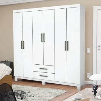Roupeiro Áries Larg. 1.53m 6 Portas 2 Gavetas Branco