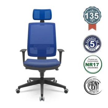  Cadeira Multiregulável NR17 Brizza Tela Encosto Regulável Mecanismo Sincronizado Base Piramidal com Apoio de Cabeça e Braços Regulaveis