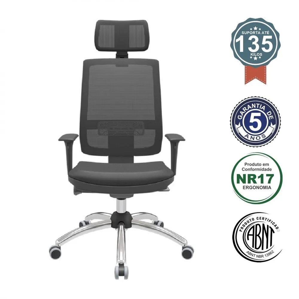 Multi Regulável NR17 Brizza Tela com Slider Encosto Regulável Base Stamp Cromada Braços Regulaveis e Apoio de Cabeça 
