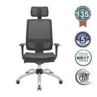 Multi Regulável NR17 Brizza Tela com Slider Encosto Regulável Base Stamp Cromada Braços Regulaveis e Apoio de Cabeça 