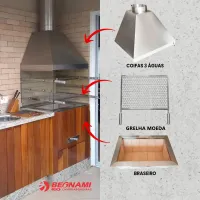 Kit Churrasqueira de Vidro a Carvão Braseiro Cooktop 65cm Média com 2 Tubos Coifa e Grelha Moeda Inox