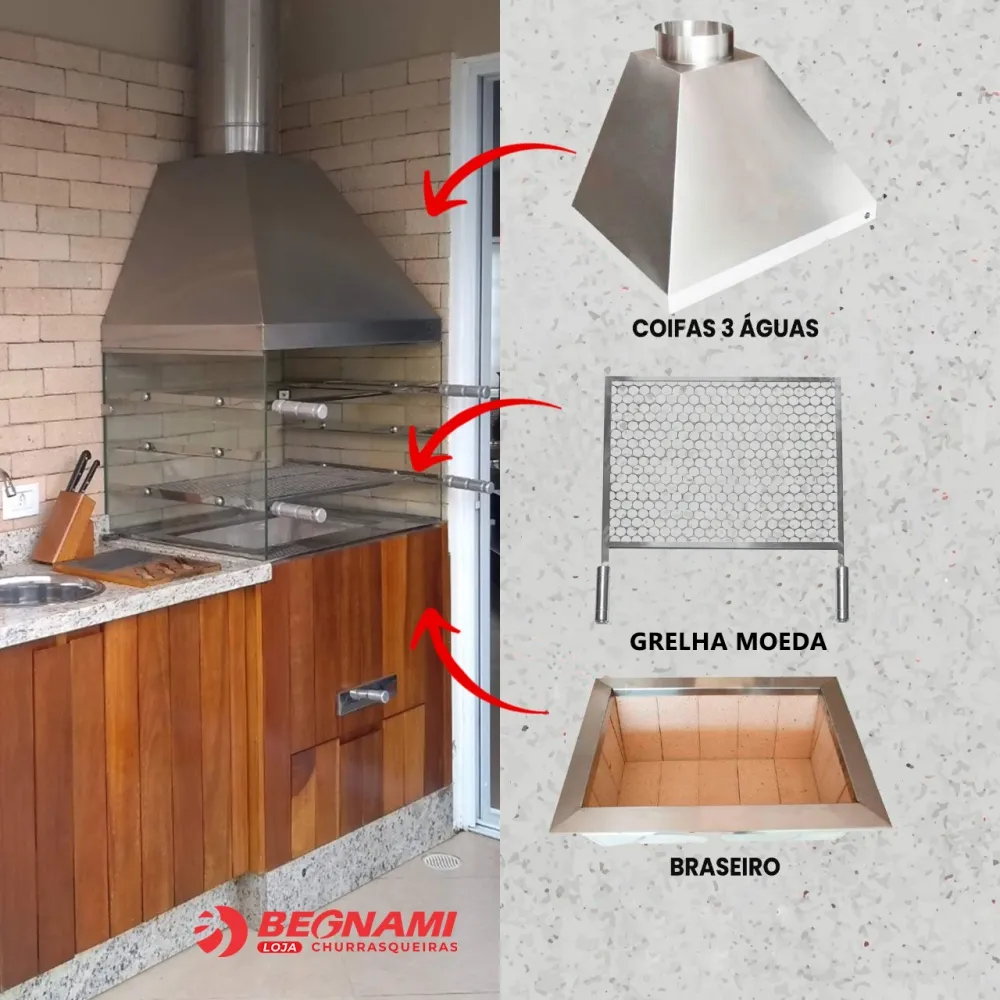 Kit Churrasqueira de Vidro a Carvão Braseiro Cooktop 75cm Grande com 2 Tubos Coifa e Grelha Moeda Inox
