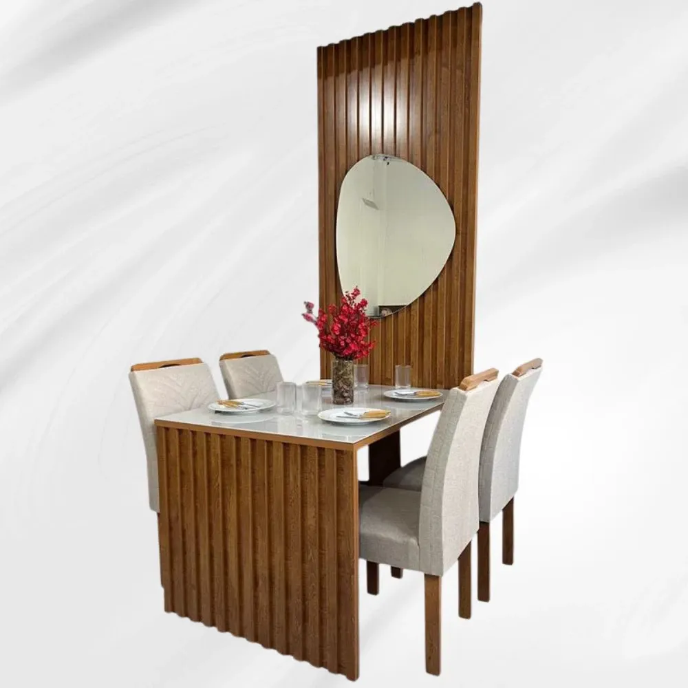 Mesa Jantar Cancun 120×90 C/Espelho 4 Cadeiras Linho Bege 178 Cel Móveis Imagem