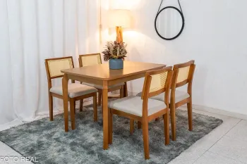 Mesa de Jantar Alegra Tampo Cinamomo 120×80 4 Cadeiras Jade Linho Bege 29011 JCM Madeira Maciça