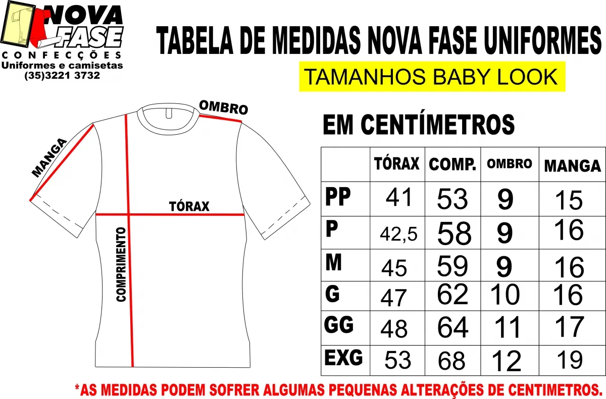 TABELA MEDIDAS CAMISETAS Imagem