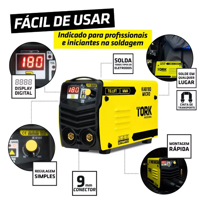 Máquina De Solda Inversora Kab Micro 180 Amperes 2 Em 1 Tork Cor Amarelo Frequência 50 Hz/60 Hz 220V