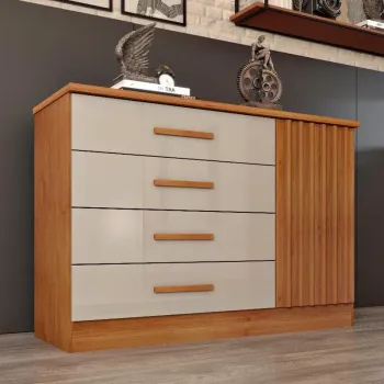 Cômoda Barcelona C/4 Gavetas e 1 Porta com Detalhe Ripado Cinamomo/Off White tcil