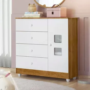 Cômoda Life c/4 Gavetas e 1 Porta Larg. 0.94m Amadeirado/Branco TIgus