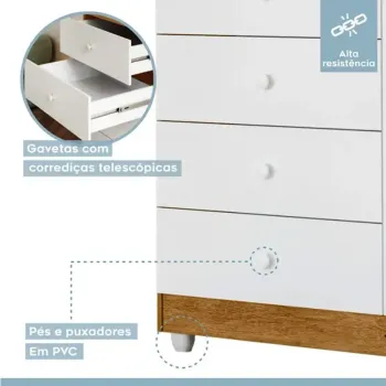 Cômoda Life c/4 Gavetas e 1 Porta Larg. 0.94m Amadeirado/Branco TIgus - Foto 2
