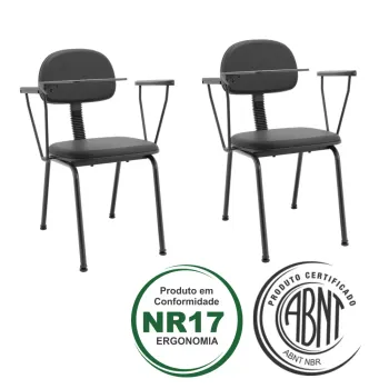 Kit com 2 unidades Cadeira de Treinamento Operativa Onda Plus Slim Secretária Fixa com Prancheta Escamoteável Anti Pânico