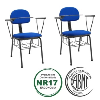  Kit com 2 unidades Cadeira de Treinamento Operativa Onda Plus Slim Secretária Fixa com Prancheta Escamoteável Anti Pânico e Porta Livros