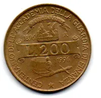Itália - 1996 - 200 Lire - Comemorativa - Centenario Dell' Accademia Della Guardia di Finanza