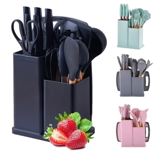Kit Completo Jogo Utensílios de Cozinha Luxo 19 Peças Com Tábua em Silicone Espátula Faca Tesoura