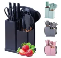 Kit Completo Jogo Utensílios de Cozinha Luxo 19 Peças Com Tábua em Silicone Espátula Faca Tesoura