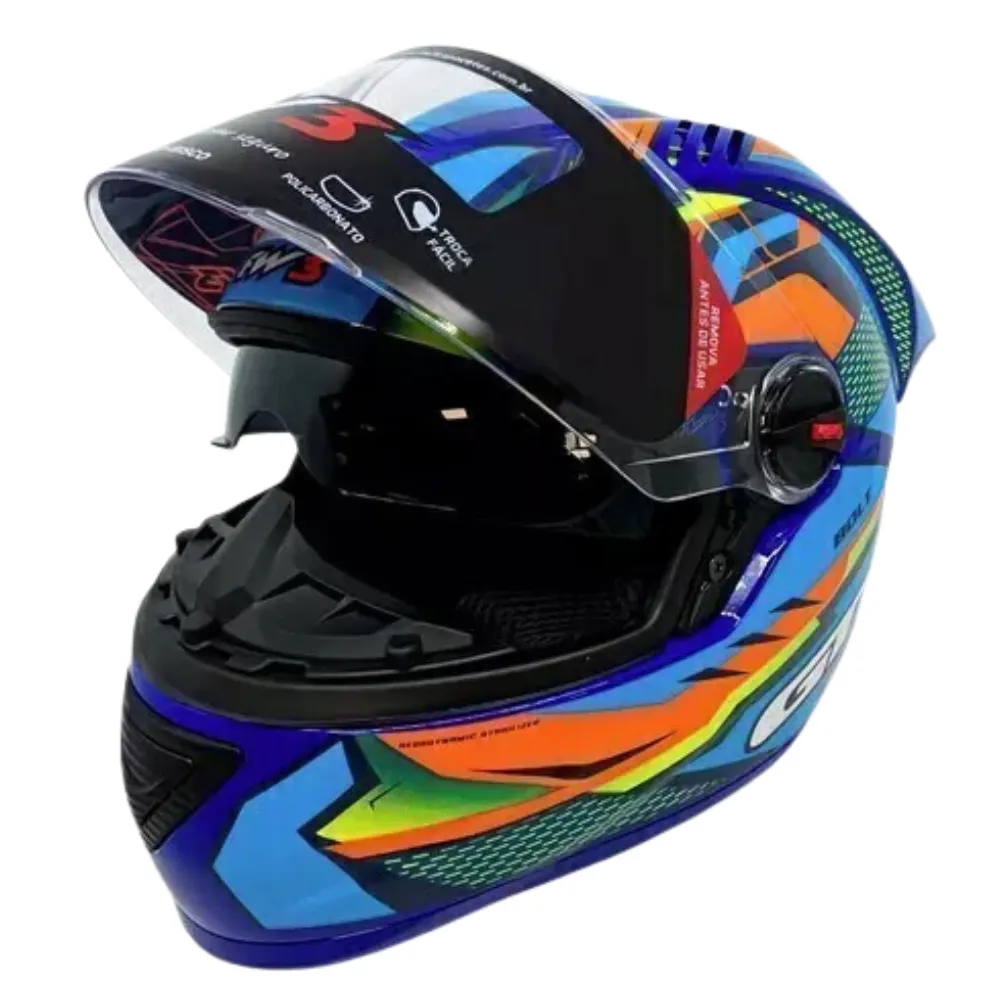 CAPACETE FW3 GTR Racing Bolt  Azul / Laranja / Amarelo c/ Viseira interna