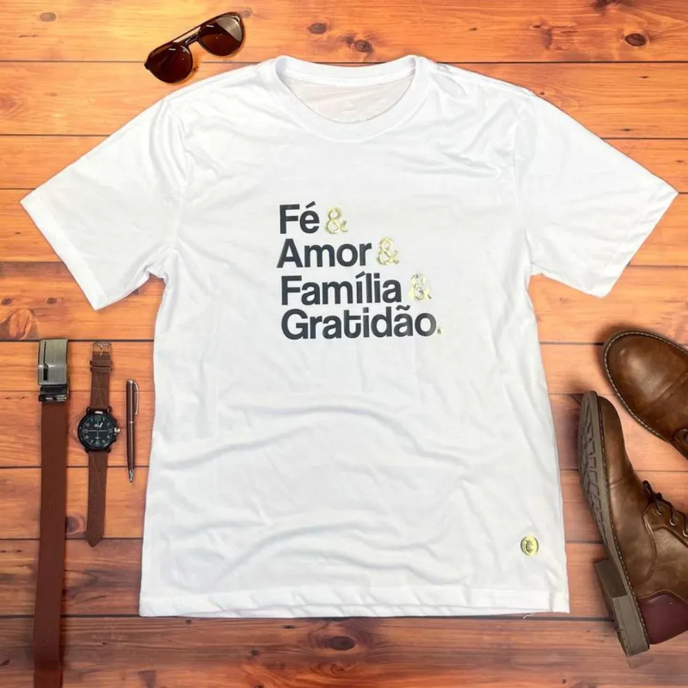 Camiseta Masculina Branca Fé & Amor Dourado Imagem