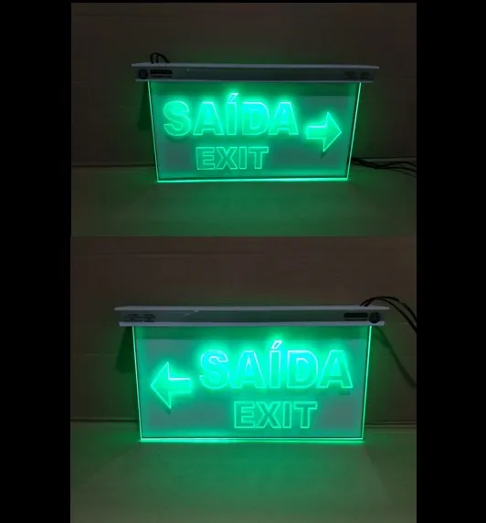 PLACA SAÍDA EXIT|SETA DIR/ESQ|CÓD: 0464-1|FRENTE/VERSO|30X17|AC3mm TRANSP|FOTOLUMI|LED VERDE|TETO
