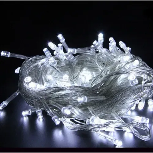 Cordão Pisca Fixo com Strobo 100 Led Branco Frio - Fio Cristal Macho e Femia 10 metros Imagem