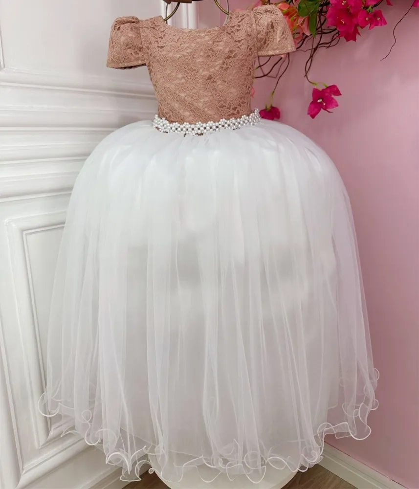 Vestido Festa Rose/Branco Renda Enjoy 