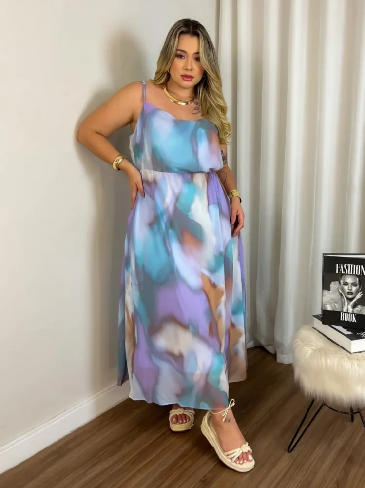 Vestido Midi Canto da Sereia Quebela Lilás/Azul