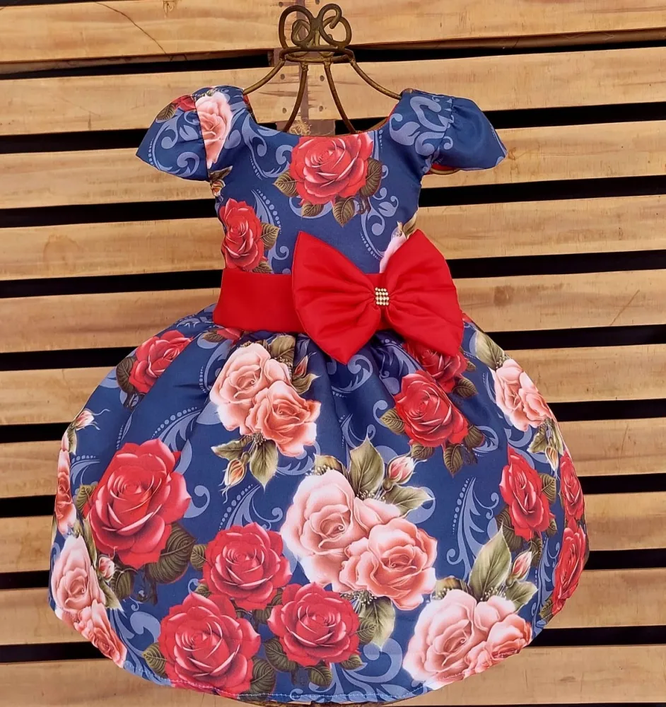 Vestido Floral Azul Vermelho