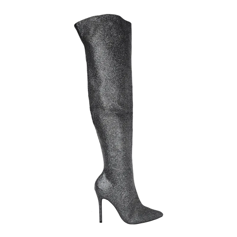 Bota Over the Knee Aisha Glitter Preto com Numeração Especial em Promoção