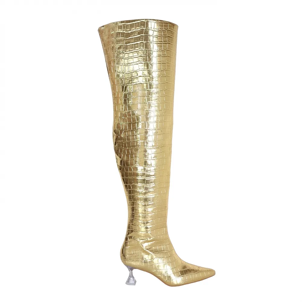 Bota Over the Knee Aisha Crocodilo Dourado Metalizado em Promoção Imagem
