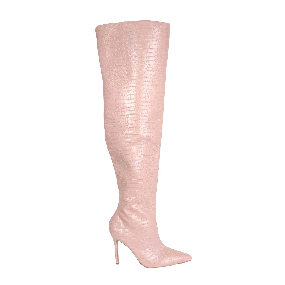 Bota Over the Knee Aisha Cobra Bege com Numeração Especial em Promoção